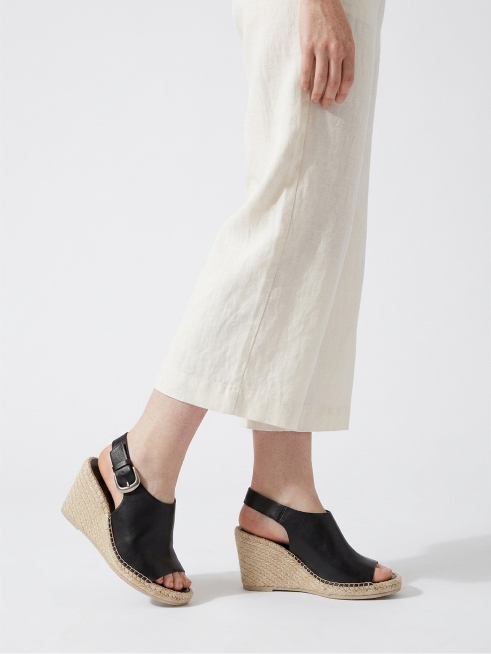 Vince Black Leather Espadrille Wedge Sandal with Buckle - Picture 6 of 6